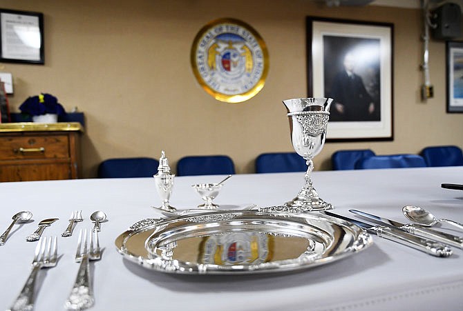 A silver place setting originally from the USS Missouri made its way back to the battleship after spending 25 years in its namesake state after decommissioning.  