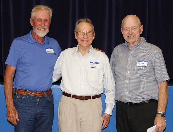 Russellville alumni Warren Dampf, Class of 1938, was the oldest alumni to attend the recent alumni banquet. He was joined by Class of 1967 alumni Donn Schmoeger and Wilfred Plochberger. (submitted photo)
