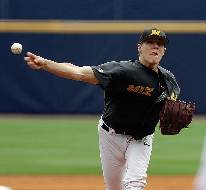 Missouri's Tanner Houck (11) pitches against Alabama during a game at the Southeastern Conference college baseball tournament Thursday, May 21, 2015, in Hoover, Ala.