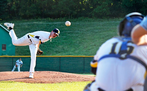 Jefferson City's Adam Grunden releases a pitch during Monday's MINK League game against the Nevada Griffons at Vivion Field. Grunden pitched six shutout innings, lowering his ERA to 3.86.