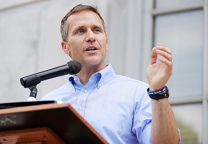 Gov. Eric Greitens speaks to supporters during a May 23 rally outside the Capitol. 