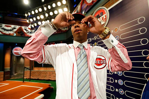 Hunter Greene, a pitcher and shortstop from Notre Dame High School in Sherman Oaks, Calif., walks off the stage after being selected No. 2 by the Cincinnati Reds in the first round of the Major League Baseball draft Monday in Secaucus, N.J.