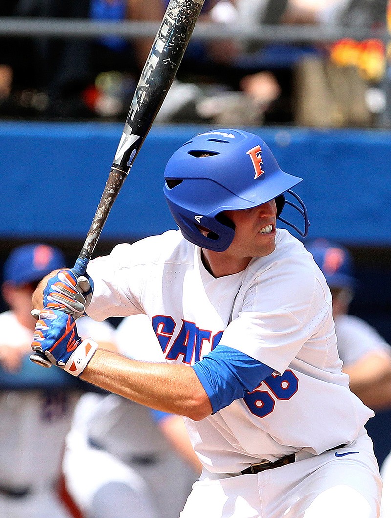 After missing several games Florida's Ryan Larson (66) stands at-bat during the first game of a super regional against Wake Forest in the NCAA college baseball championship held at McKethan Stadium in Gainesville, Fla., Saturday, June 10, 2017.