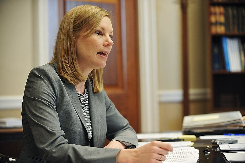 In this May 11, 2015 photo, State Auditor Nicole Galloway is interviewed in her Missouri Capitol office. 