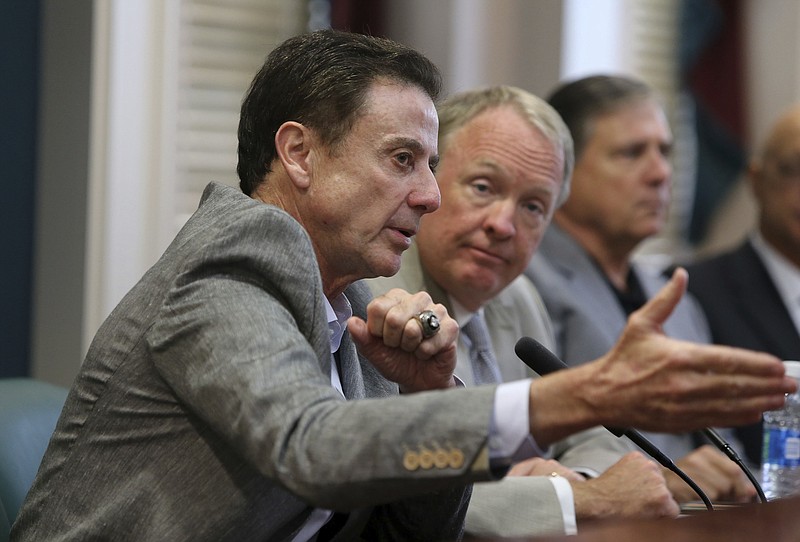 University of Louisville basketball coach Rick Pitino speaks during an NCAA college basketball news conference Thursday, June 15, 2017, in Louisville, Ky. The NCAA suspended Pitino on Thursday for five ACC games following sex scandal investigation. A former men's basketball staffer is alleged to have hired strippers to entertain players and recruits. 