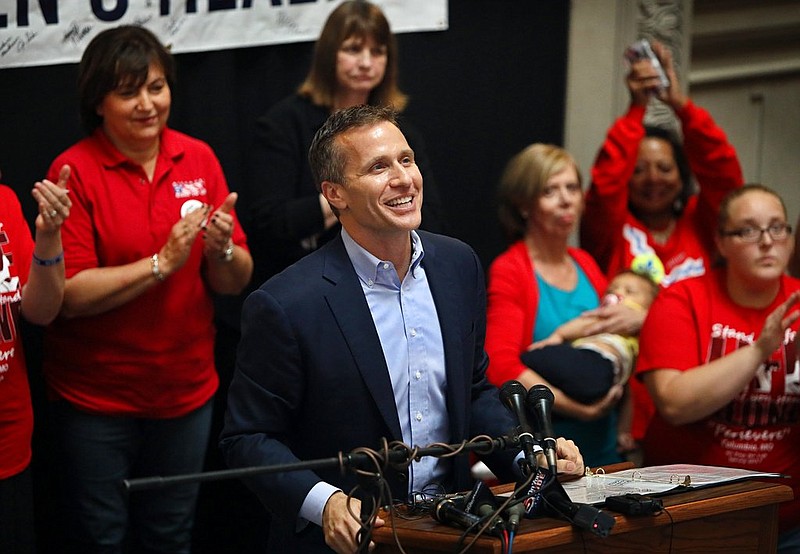 Missouri Gov. Eric Greitens addresses the crowd during an anti-abortion rally in the Statehouse in Jefferson City on Wednesday, June 14, 2017. Lawmakers were called back to special session by Gov. Greitens with the intent of modifying abortion laws in Missouri. (David Carson/St. Louis Post-Dispatch via AP)