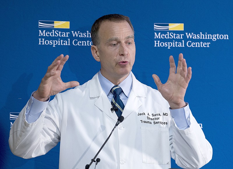 MedStar Washington Hospital Center Director of Trauma Dr. Jack Sava speaks Friday during a news conference in Washington about the condition of House Majority Whip Steve Scalise, of Louisiana, who was shot Wednesday in Alexandria, Virginia, during a congressional baseball practice.