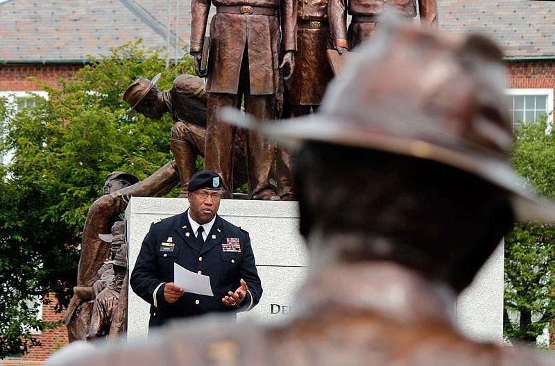 Retired Lt. Col. Eddie Brown
is shown speaking Saturday, June 17, 2017 on the progress of
racial equality in the nation during
the 2017 Juneteenth emancipation program
at the Lincoln University Soldiers
Memorial Plaza. Brown said while
progress toward equality has been
made, "we are not there yet."