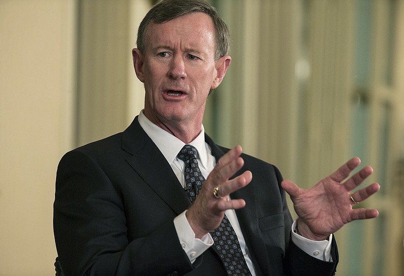 In this Feb. 5, 2015, file photo, University of Texas System Chancellor Bill McRaven speaks with Texas Tribune CEO Evan Smith during an interview in Austin, Texas. McRaven is running into political problems in his role as chancellor of the University of Texas System. The retired Navy admiral who planned the raid that killed Osama Bin Laden faces an uncertain future as chancellor, as his three-year contract expires at the end of 2017. After multiple clashes with lawmakers and a new makeup of the Board of Regents he works for, it's an open question as to whether he'll be back. 