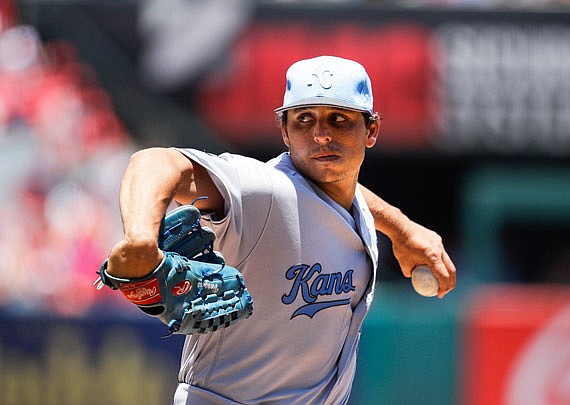 Royals starting pitcher Jason Vargas works to the plate during Sunday afternoon's game against the Angels in Anaheim, Calif.