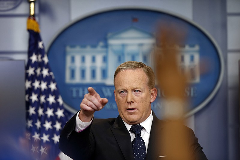 White House press secretary Sean Spicer points to a question during a briefing at the White House, Tuesday, June 20, 2017 in Washington. (AP Photo/Alex Brandon)