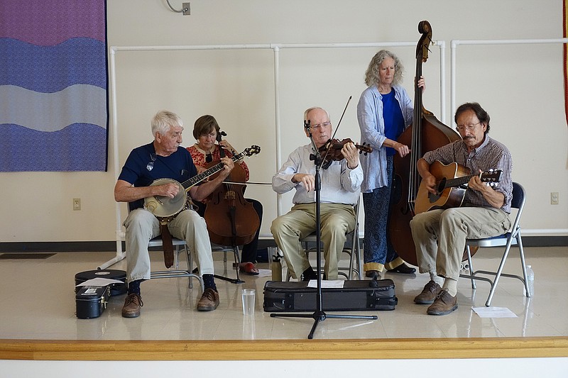Howard Marshall and company performed Sunday in Fulton. The group included (from left): Bill Foley, of Ashland, on banjo; Margot McMillen, of north Callaway County, on cello; Marshall and Kathy Gordon, of Columbia, on upright bass; and Henrich Leonhard, of Columbia, on guitar.