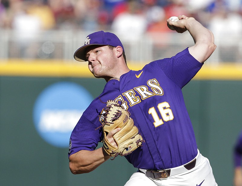 LSU pitcher Jared Poche' works against Florida State during the first inning of an NCAA College World Series baseball game in Omaha, Neb., Wednesday, June 21, 2017. 
