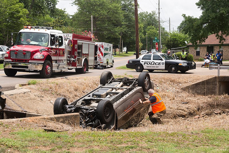  An SUV rolled over into the ditch near the corner of East 24th Street and Grand Avenue on Thursday in Texarkana. Police at the scene said the steering wheel locked, causing the driver to pull sharply to the left as he traveled westbound on Grand Avenue. The driver and one passenger were taken in an ambulance from the scene.