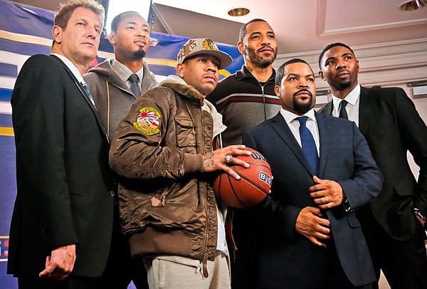 In this Jan. 11 file photo, entertainment executive Jeff Kwatinetz (far left) and Ice Cube (second from right) pose with former NBA players Kenyon Martin, Allen Iverson, Rashard Lewi and Roger Mason after a press conference announcing the launch of a new 3-on-3 professional basketball league in New York.