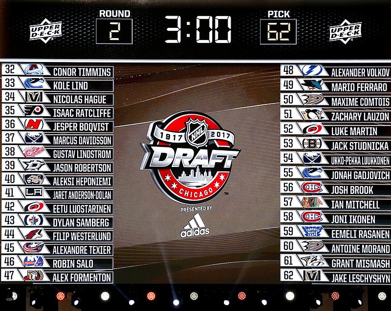 The big screen displays NFL teams second round select players name of the NHL hockey draft, Saturday, June 24, 2017, in Chicago.