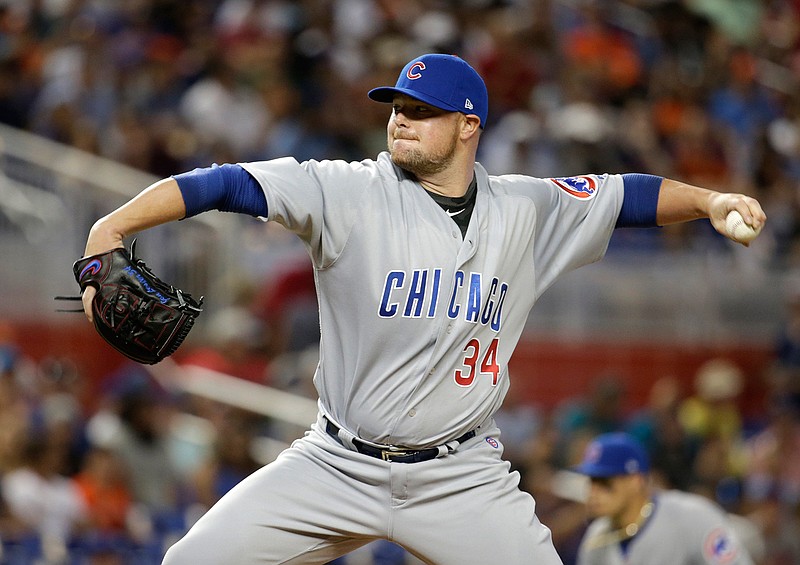 Chicago Cubs starting pitcher Jon Lester (34) delivers during the first inning of a baseball game against the Miami Marlins, Saturday, June 24, 2017, in Miami. 