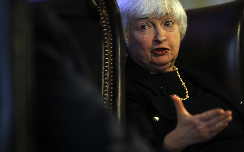 U.S. Fed Chair Janet Yellen speaks during a discussion with Lord Nicholas Stern, President of the British Academy, at Carlton House Terrace of the British Academy in London, Tuesday, June 27, 2017.(AP Photo/Frank Augstein)