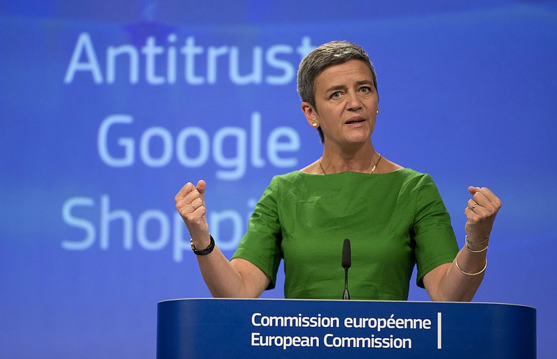 European Union Commissioner for Competition Margrethe Vestager speaks during a media conference at EU headquarters in Brussels on Tuesday, June 27, 2017. The European Union's competition watchdog has fined internet giant Google over its online shopping service. (AP Photo/Virginia Mayo)