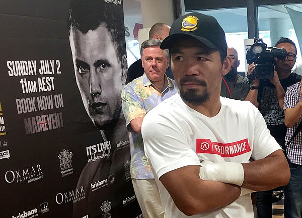 Manny Pacquiao speaks to the media Tuesday in Brisbane Australia. Pacquiao is putting his WBO belt on the line Sunday against 29-year-old Australian fighter Jeff Horn.