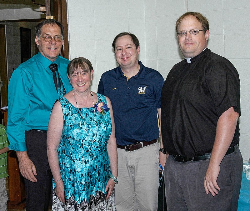 From left, retiring St. Paul's Lutheran pastor Dr. Peter Kurowski, his wife and the retiring church secretary Jan, Rev. Joshua Knippa of Faith Lutheran in Jefferson City and Rev. Samuel Powell. Powell, associate pastor of Trinity Lutheran, Jefferson City, is a "son" of the California congregation. he commented that he was confirmed, married and ordained by Kurowski.