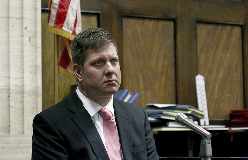 Chicago police Officer Jason Van Dyke, charged in the shooting death of black teenager Laquan McDonald, takes the witness stand during a hearing in front of Judge Vincent Gaughan Wednesday, June 28, 2017, at the Leighton Criminal Courts Building in Chicago. (Nancy Stone /Chicago Tribune via AP, Pool)