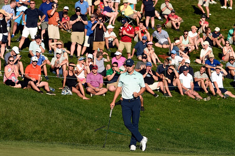 Jordan Sieth pumps his fist after making a birdie putt for sole possession of the lead during the third round of the Travelers Championship golf tournament Saturday, June 24, 2017, in Cromwell, Conn. 