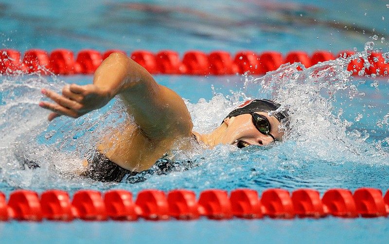 Katie Ledecky swims on her way to winning the women's 800-meter freestyle at the U.S. swimming championships in Indianapolis, Tuesday, June 27, 2017. 