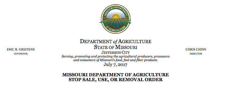 The Missouri Department of Agriculture on Friday, July 7, 2017, ordered a temporary end to the use and sales of products labeled for agricultural use that contain the herbicide dicamba, effective immediately.