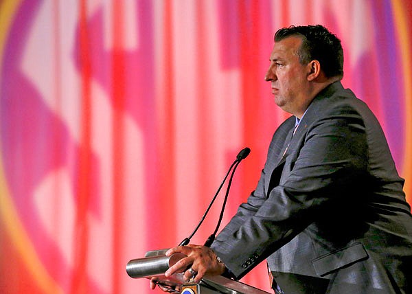 Arkansas coach Bret Bielema speaks during the Southeastern Conference's annual media gathering Monday in Hoover, Ala.