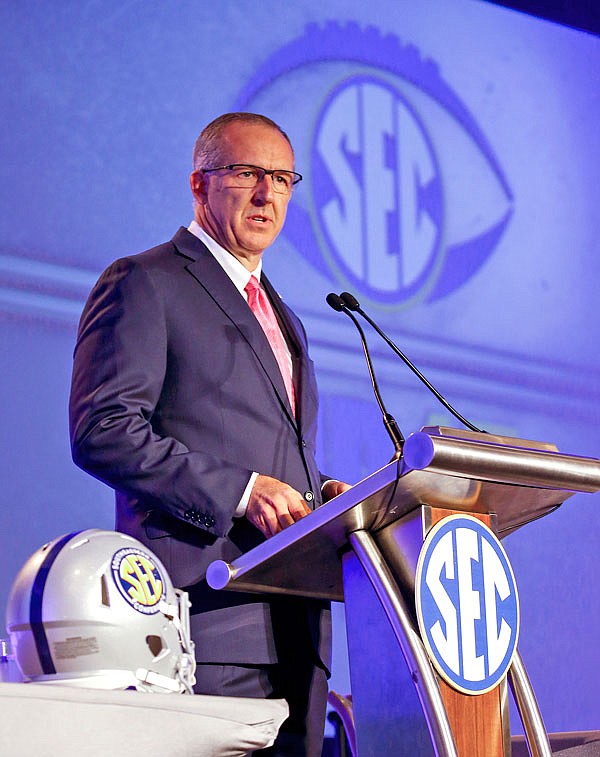 Southeastern Conference commissioner Greg Sankey speaks during the SEC's annual media gathering Monday in Hoover, Ala.