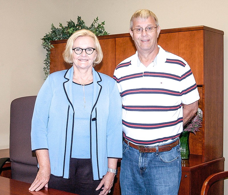 U.S. Senator Claire McCaskill, left, was welcomed to the City of California Mayor Norris Gerhart for the first of 10 public town hall meetings in Central Missouri. McCaskill responded to a number questions submitted in writing by those in attendance.