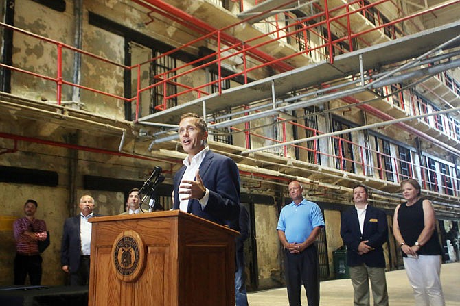 Gov. Eric Greitens speaks before signing a bill giving 32 acres of Missouri State Penitentiary land to Jefferson City during a bill signing Tuesday at the former prison.