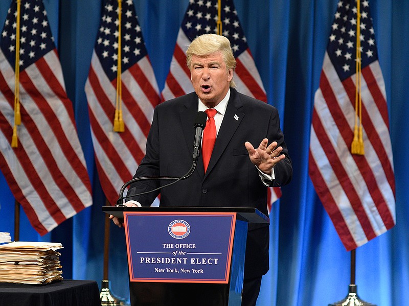 This Jan. 14, 2017 photo released by NBC shows Alec Baldwin President Elect Donald J. Trump in a sketch on "Saturday Night Live," in New York.  Baldwin was nominated for an Emmy Award for outstanding supporting actor in a comedy series on Thursday, July 13, 2017. The Emmy Awards ceremony, airing Sept. 17 on CBS, will be hosted by Stephen Colbert. 