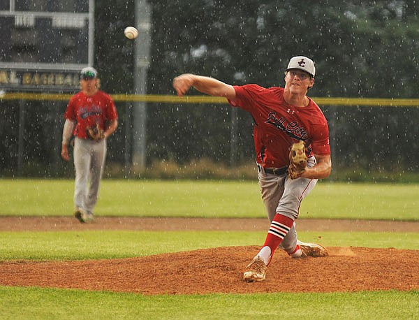 Jefferson City Post 5 pitcher Jason Rackers delivers to the plate Thursday against Columbia Post 202 during the first game of the American Legion Seniors District 8 Tournament at the American Legion Post 5 Sports Complex.