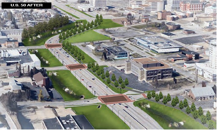 The rendering prepared by H3 Studios and filed with the city's Planning and Zoning Commission depicts a transformation of the expressway corridor into an "urban boulevard," with visual enhancements to Wears Creek; branded street and pedestrian lighting; a multi-use tree-lined trail; and improved intersections at Jefferson, Madison and Monroe streets.