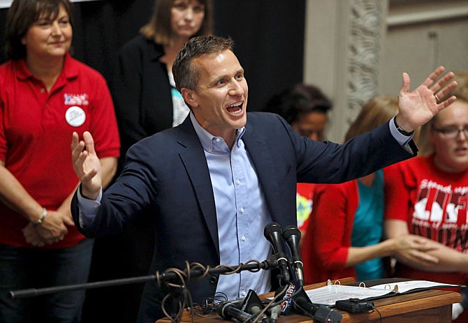 Gov. Eric Greitens addresses the crowd during an anti-abortion rally in June at the Capitol. Missouri lawmakers are considering a lengthy abortion bill to add more regulations to the procedure and target a St. Louis ordinance banning discrimination based on reproductive health decisions. Greitens said he called lawmakers back to the Capitol in part because of the local ordinance. 