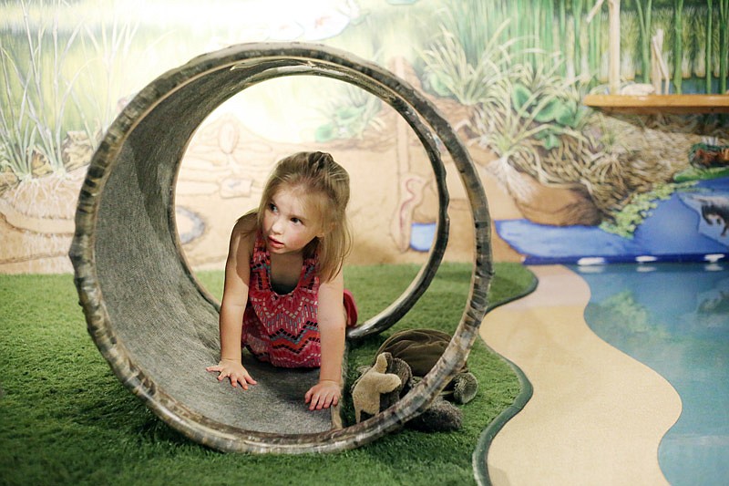 Madelyn Nagy, 3, climbs through a "log" Saturday at Runge Conservation Nature Center. Missouri's Conservation Department spent more than $4 million on maintenance and repair at sites such as Binder Lake Park and Runge.