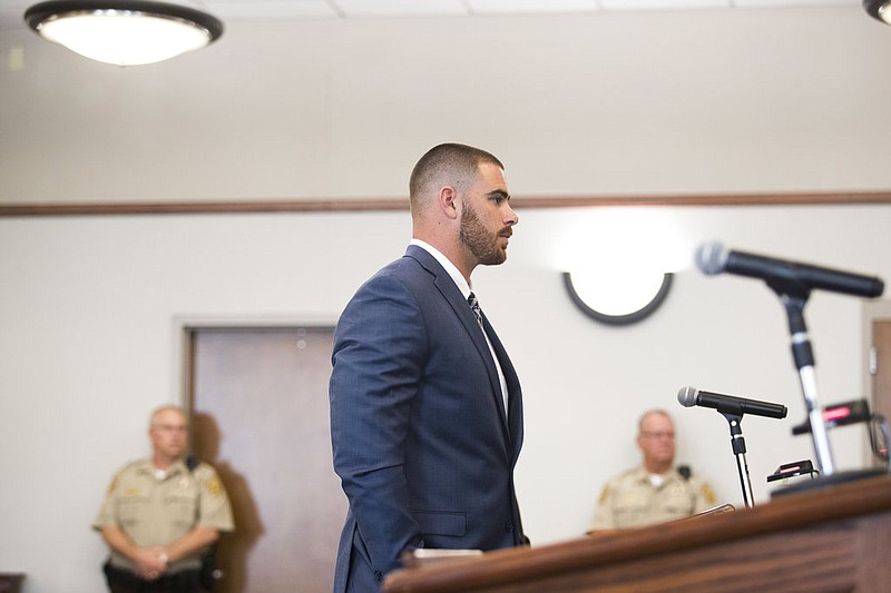 In this Friday, July 14, 2017 photo, current Los Angeles Rams tight end and former Western Kentucky Hilltopper Tyler Higbee pleads guilty to one count of assault under extreme emotional distress at the Warren County Justice Center in Bowling Green, Ky. The charge stemmed from a 2016 fight in a parking lot in Kentucky. (Austin Anthony/Daily News via AP)
