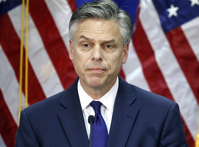 FILE - In this Jan. 16, 2012, file photo, former then-Utah Gov. Jon Huntsman speaks in Myrtle Beach, S.C., as he ends his campaign for president. The White House says that President Donald Trump is nominating Huntsman as ambassador to Russia.  (AP Photo/Charles Dharapak, File)