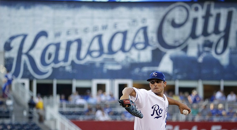 Kansas City Royals starting pitcher Jason Vargas throws during the first inning of the team's baseball game against the Detroit Tigers on Monday, July 17, 2017, in Kansas City, Mo.