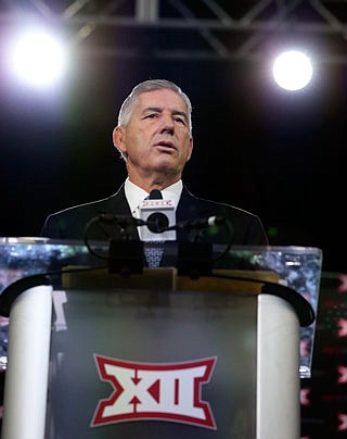 Big 12 commissioner Bob Bowlsby speaks to reporters Monday during the Big 12 football media day in Frisco, Texas.