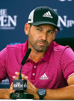 Sergio Garcia listens to a question Monday during a press conference for the British Open at Royal Birkdale in Southport, England.