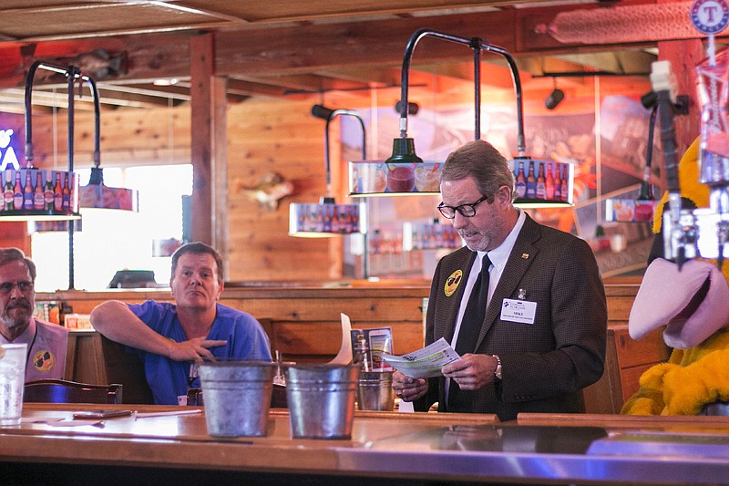 Mike Ingram, president of CHRISTUS St. Michael Friends of the Foundation, introduces the Great Texarkana Duck Race fundraiser Wednesday during an event at Texas Roadhouse. The Duck Race will be held Aug. 19 at Holiday Springs Water Park. The proceeds of the fundraiser will help purchase a Varian TrueBeam linear accelerator with rapid arc technology and body surface imaging for St. Michael's  W. Temple Webber Cancer Center. 
