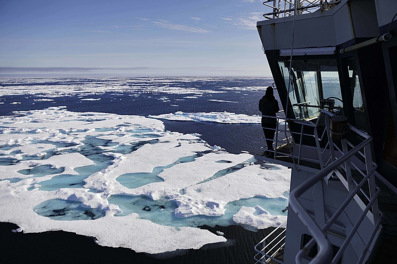 The Finnish icebreaker MSV Nordica sails Sunday, July 16, 2017, through ice floating on the Chukchi Sea off the coast of Alaska while traversing the Arctic's Northwest Passage, the treacherous, ice-bound route where Norwegian explorer Roald Amundsen made the first successful transit in 1906.