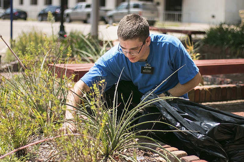 Elder Rash pulls weeds from the soil Thursday in front of the Museum of Regional History in downtown Texarkana. Rash is a missionary from Utah for the Church of Jesus Christ of Latter-Day Saints and is doing community service as a part of his mission. Rash will be in Texarkana for about three to six months. 