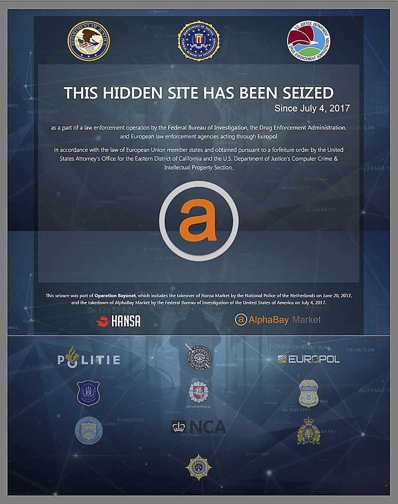 This screen grab provided by the U.S. Department of Justice shows a hidden website that has been seized as part of a law enforcement operation by the Federal Bureau of Investigation, the Drug Enforcement Administration and European law enforcement agencies acting through Europol. On Thursday, July 20, 2017, authorities announced that two of the world's most notorious "darknet" marketplaces, AlphaBay and Hansa, have been knocked out in a one-two punch that officials say yielded a trove of new intelligence about drugs and weapons merchants that operate from hidden corners of the internet. (U.S. Department of Justice via AP)