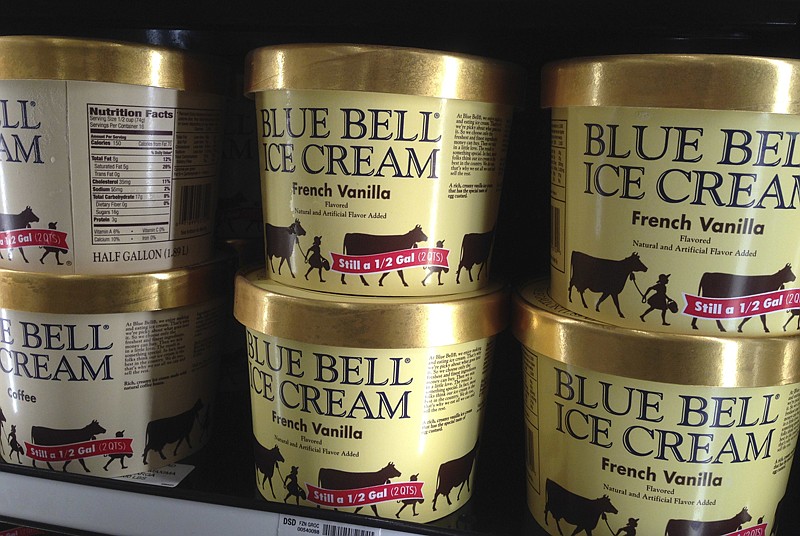 Blue Bell ice cream rests on a grocery store shelf April 10, 2015, in Lawrence, Kan. Two years after enduring the harsh glare of negative publicity, Texas-based Blue Bell Creameries is re-opening an observation deck that allows consumers to watch part of the ice cream-making process at a plant that received a major overhaul.