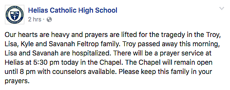 Helias Catholic High School shared its support for the Feltrop family after Troy Feltrop was discovered dead in his Jefferson City home from apparent carbon monoxide poisoning. His wife, Lisa Feltrop, and 14-year-old daughter were transported to area hospitals in critical condition.