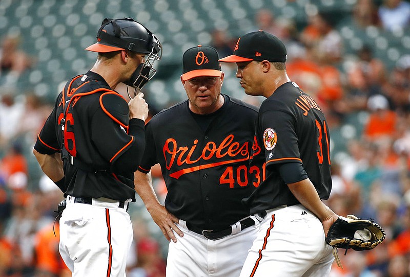 Baltimore Orioles catcher Caleb Joseph, left, and pitching coach Roger McDowell (40) speak with starting pitcher Ubaldo Jimenez after Houston Astros' Marwin Gonzalez doubled in the first inning of a baseball game in Baltimore, Friday, July 21, 2017. Houston scored three runs against Jimenez in the first. 